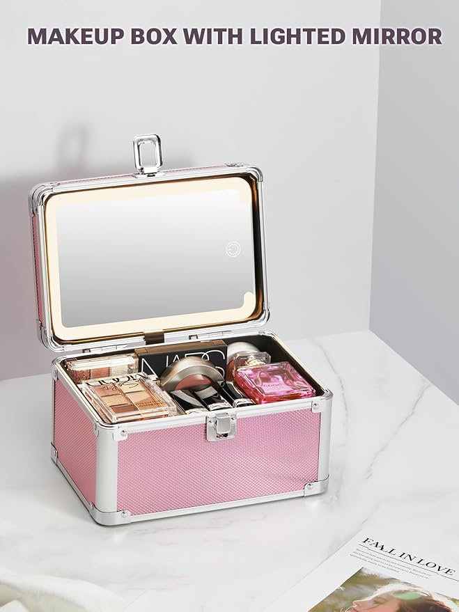 Qislee Makeup Box Mini with A Detachable Lighted Mirror, Waterproof Small Makeup Case,Cosmetic Organizer and Travel Train Case with Magnetic LED Mirror(Silver Frame Iridescent Pink)