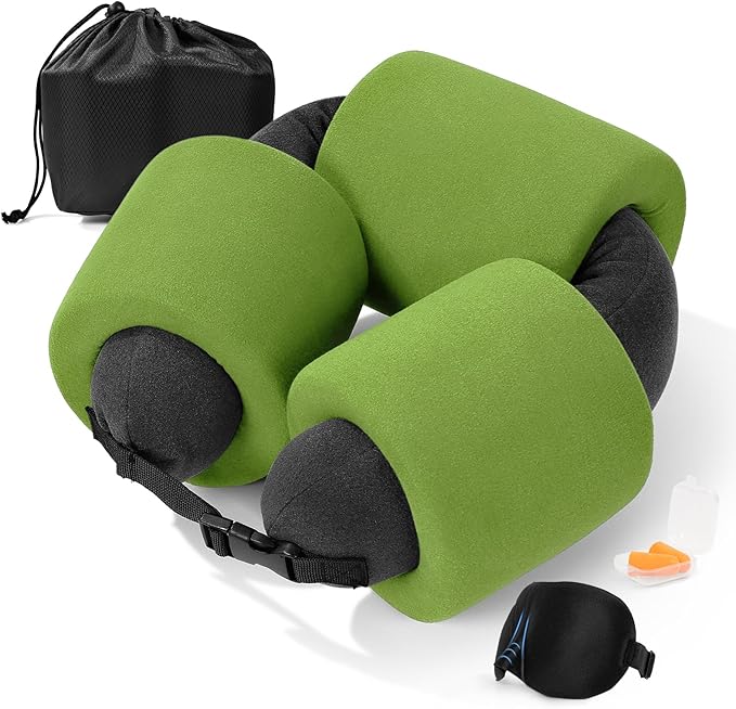 3-Ring Memory Foam Travel Neck Pillow It has obtained a Patent. The Three Rings can be movably Adjusted to Provide Flexible Support for The Neck, Head, and Other Areas.Green