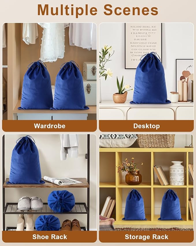 FantasyLife Shoe Bags for Travel, Washable Dust Bags for Storage & Packing, Flannel Shoe Pouch with Drawstring Closure for Purses, Handbags, Shoes & Toys (4, Palace Blue)