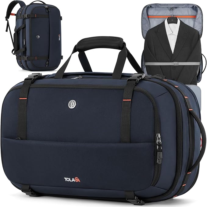 Tolaccea Large Convertible Garment Duffel Bag, Suit Carry On Backpack, TSA Flight Approved for Wrinkle-Free Travel with Dual Laptop Storage for 17.3" and 12.9" & Extra Toiletry Bag, 45-55L Expandable
