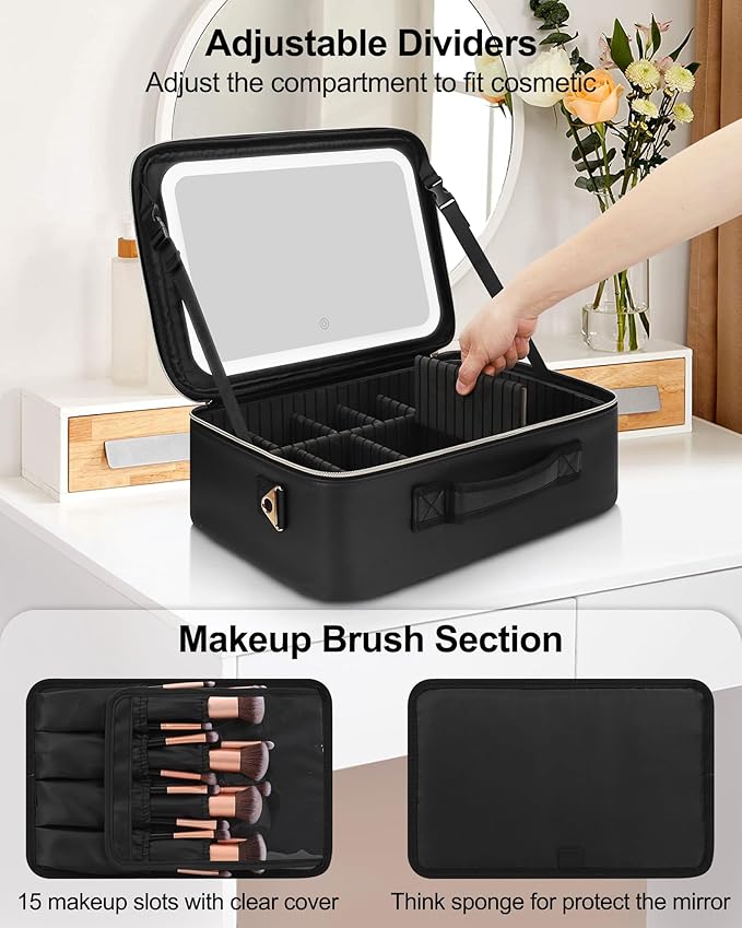 Relavel Travel Makeup Bag With LED Mirror, 16.2" Large Makeup Train Case, 3 Color Scenarios Adjustable Brightness, Waterproof Makeup Train Case Organizer with DIY Dividers for Makeup Artist, Black