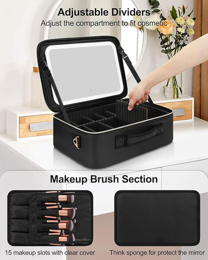 Relavel Travel Makeup Bag With LED Mirror, 16.2" Large Makeup Train Case, 3 Color Scenarios Adjustable Brightness, Waterproof Makeup Train Case Organizer with DIY Dividers for Makeup Artist, Black