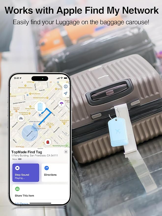 TopMade Smart Luggage Tag with Find My, Premium Leather Luggage Tags for Suitcase, Travel Bags, Backpacks, Anti-Lost Suitcase Tag Tracker for Travel with Privacy Name Card, Rechargeable