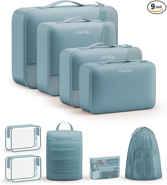 9 Set Packing Cubes for Travel, Gifts for Women Mom Kids, TSA Approved Bags for Makeup, Cosmetic, Toiletry, Organizers for Suitcase Carry On, Cruise Essentials Airplane Accessories, Blue Gray