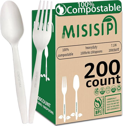 MISISIPI [7In 200Pcs] 100% Compostable Forks and Spoons Utensils Cutlery Silverware Heavyduty Eco-friendly Disposable Plastic free Forks and Spoons Utensils Cutlery Silverware for Party BBQ Lounge