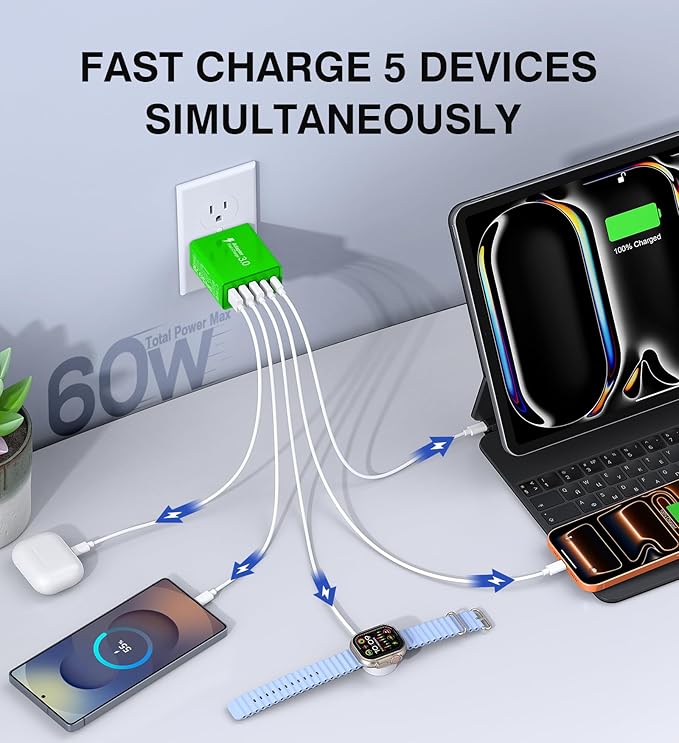 USB C Wall Charger, 60W USB C Charger Block 5-Port PD Fast Charging Blocks,USB A Multiport Plug Brick Cube,Dual Type C Power Adapter for iPhone 17/16/15/14/13/Pro,iPad,Samsung,for Switch（Green 2-Pack）