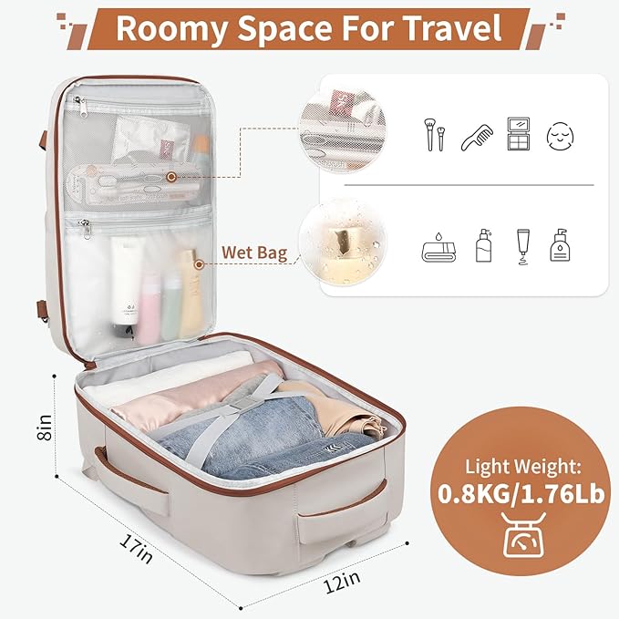 ZOMFELT Travel Backpack for Women Men, Carry On Backpack, TSA 15.6inch Laptop Backpack Flight Approved, Personal Item Travel Bag Nurse Bag Casual Daypack for Weekender Business Trip, Khaki White