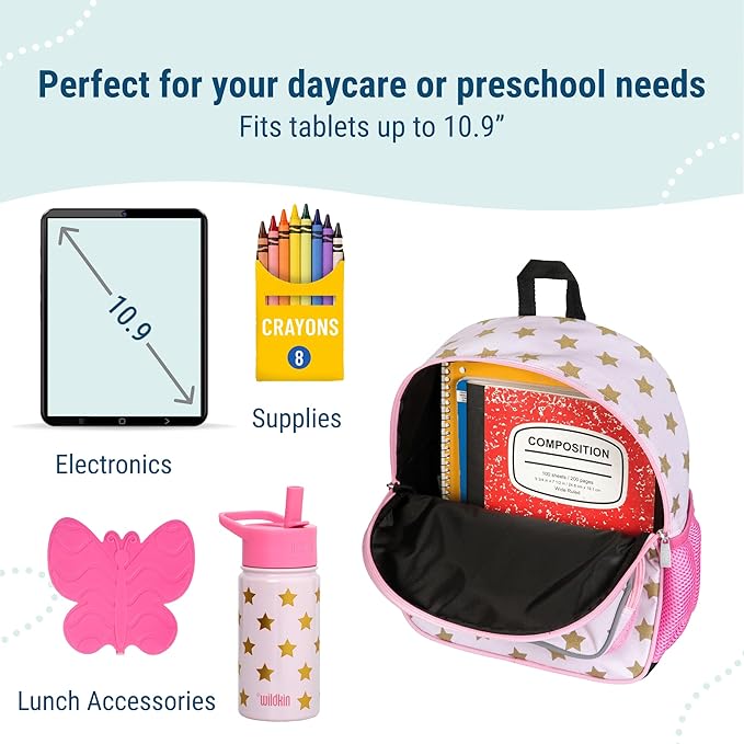 Wildkin 12-inch Kids Backpack – Padded, Adjustable, Ideal for Daycare & Travel - Pink and Gold Stars