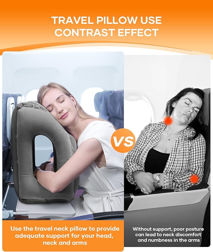 Sunany Travel Pillow, Upgraded Plane Pillow for Long Flights, Inflatable Neck Pillow Used for Airplanes,Cars,Buses,Trains,Office Napping with Eye Mask,Earplugs (Gray)