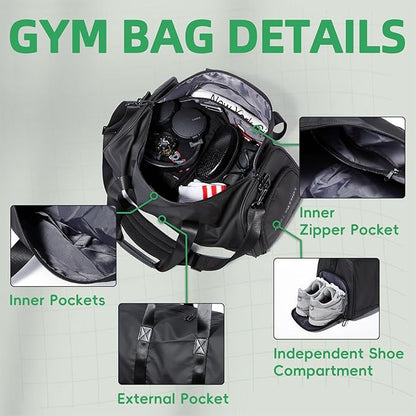 Gym Bag for Men with Shoe Compartment, 33L Duffle Bag for Traveling Overnight Weekend for Adults, Carry on Flight Approved, Black