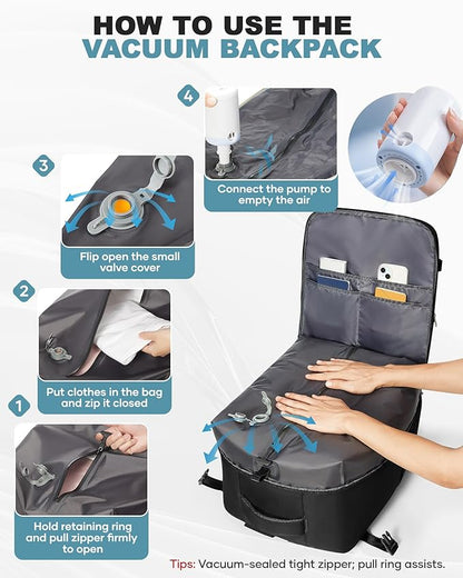 coofay Large Vacuum Backpack Travel with Pump Vacpack Travel Backpack with Vacuum System Compression Backpacks for Travel Easy Vac Pack Carry on Luggage