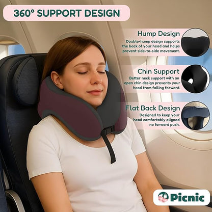 Picnic Neck Pillow for Traveling | 100% Pure Memory Foam Travel Pillow for Airplanes, Car & Office | Ergonomic Support with Adjustable Clasp, Eye Mask & Compact Travel Bag | Perfect for Relaxation
