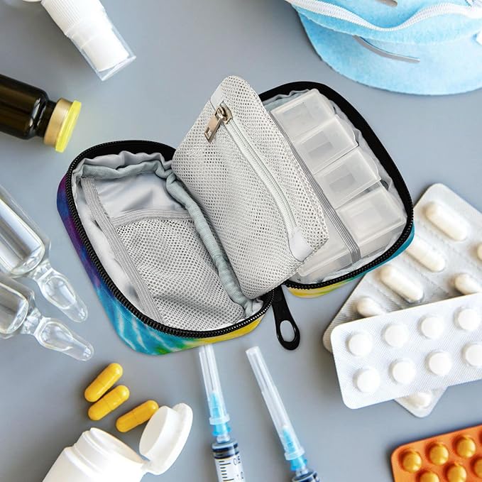 Fustylead Abstract Swirl Design Tie Dye Pill Organizer and Storage Weekly with Zipper, Removable Pill Box Portable Medicine Organizer for Vitamin Fish Oil Supplement