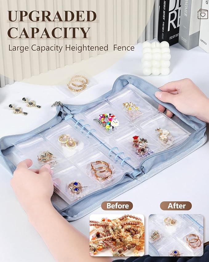 AOLEIXIYA Jewelry Organizer Book Clear Travel earring book organizer Transparent Jewelry Book with Zipper Pouch Bags (Light blue,With 80 PCS Small Jewelry Bags)