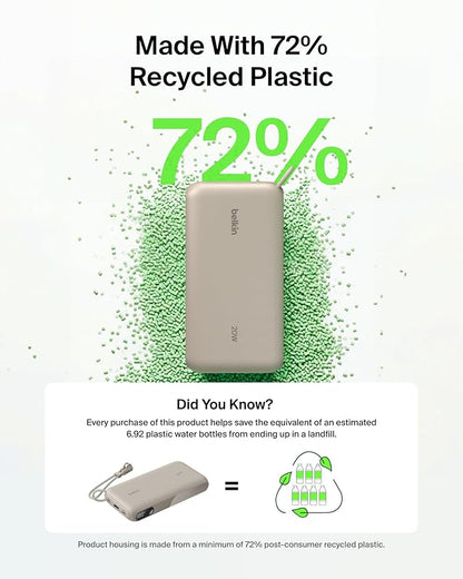 Belkin Portable Charger, USB-C Power Bank 20,000mAh w/ 2X USB-C Ports & 1x A Port, Digital Battery Display, 20W Charging for iPhone 17, Air, Pro, Samsung Galaxy S25, Pixel 10, iPad, & More - Sand
