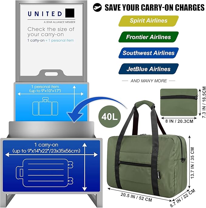 Foldable Travel Duffle Bag, Airlines Approved Carry On Bag Weekender Overnight Bag for Men Women, 40L (Army green)