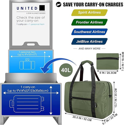 Foldable Travel Duffle Bag, Airlines Approved Carry On Bag Weekender Overnight Bag for Men Women, 40L (Army green)