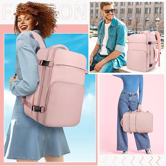 ZOMFELT Travel Backpack for Women Men, Carry On Backpack, TSA 15.6inch Laptop Backpack Flight Approved, Personal Item Travel Bag Nurse Bag Casual Daypack for Weekender Business Trip, Pink