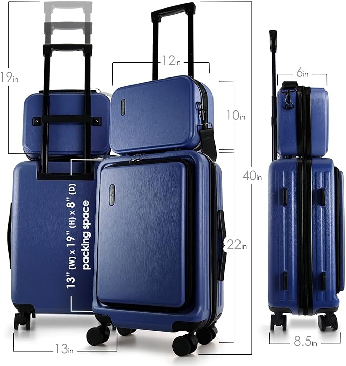 TRAVELARIM 22 Inch Carry On Luggage 22x14x9 Airline Approved, Small Carry On Suitcase, Hard-shell Carry-on Luggage with Wheels, Durable Navy Luggage Carry-On with Cosmetic Case and Luggage Scale