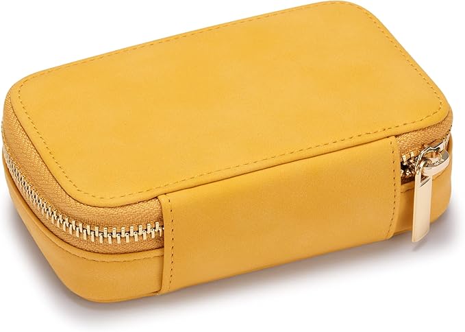 HISCOW Vegan Leather Travel Jewelry Case with Zipper - Portable Necklace & Earring Holder Organizer for Women Girls, Velvet-Lined Ring Box with Anti-Tarnish Design, Yellow