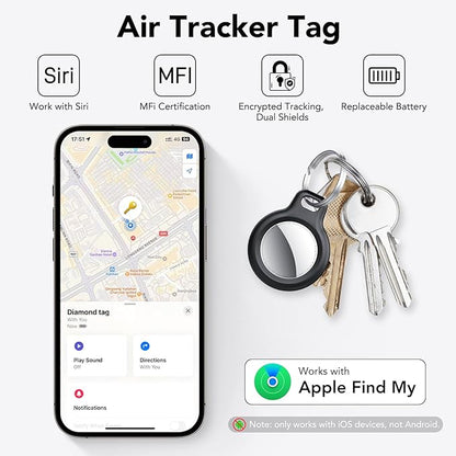 Air Tracker Tags-4 Pack Black | Bluetooth Tracker Work with Apple Find My (iOS Only), Smart Tag with Protective Case/Keychain/Lanyard, Item Finder for Luggage/Key/Suitcase, Replaceable Battery