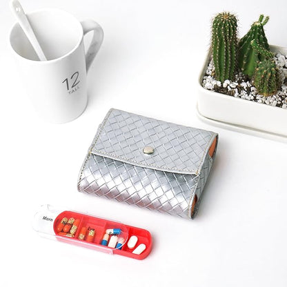 Pill Organizer,LIZIMANDU Weekly Travel Pill Case Box Medication Reminder Daily AM PM, Day Night 7 Compartments,for 4 Times A Day, 7 Days a Week-Includes Leather PU Carrying Case(1-Weave Silver)