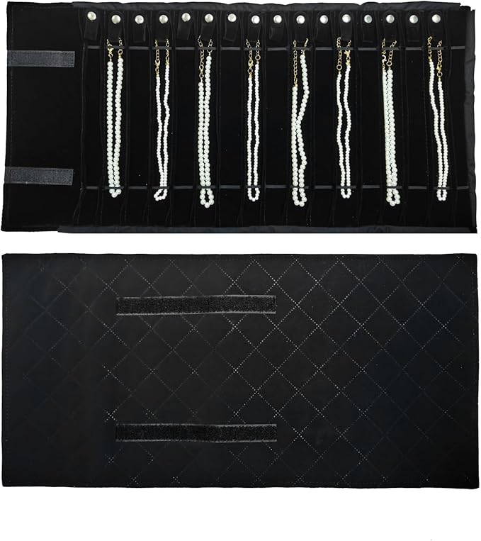 Portable Jewelry Roll Untangled Secure Necklace Travel Storage Bag Displays Holder 16 Chain (Black Diamond)