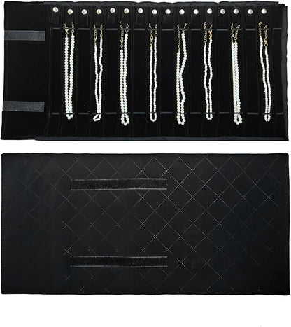 Portable Jewelry Roll Untangled Secure Necklace Travel Storage Bag Displays Holder 16 Chain (Black Diamond)