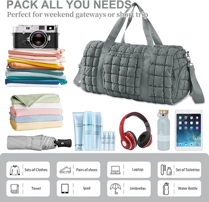 Quilted Travel Duffle Bag Gym Bag for Women,Large Puffer Duffle Weekender Bag with Compartment,Workout Overnight Carry on Organizer Bag Duffle Bag for Airplane Travel(Grey)