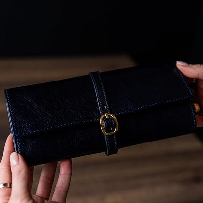 Time Resistance Leather Jewelry Roll - Full Grain Leather Travel Jewelry Case - Jewellery Organizer Made in Italy (Blue)