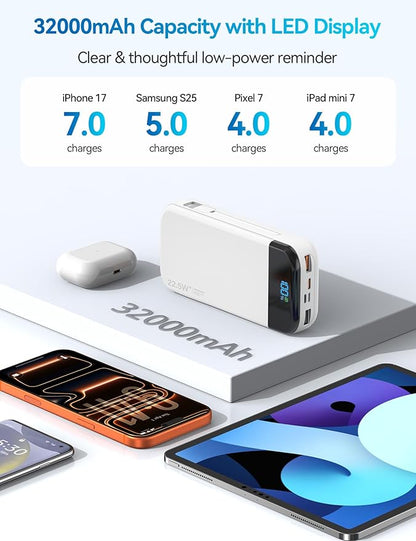 Portable Charger Power Bank 32000mAh with Built in Cables, PD3.0 USB C Fast Phone Charger, 5 Outputs LCD Display Travel Battery Pack Compatible with iPhone, Samsung All Cell Phones (White)