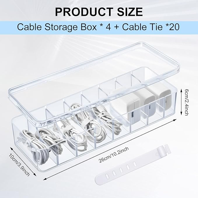 Tatuo 4 Pcs Cable Organizer Box with Wire Ties, Plastic Cord Storage Box with Lid, Electronics Organizer for Home Office Desk Organizers and Accessories (Clear)