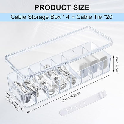 Tatuo 4 Pcs Cable Organizer Box with Wire Ties, Plastic Cord Storage Box with Lid, Electronics Organizer for Home Office Desk Organizers and Accessories (Clear)