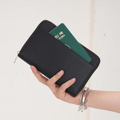 WASON Leather Zipper Travel Passport Wallet Holder RFID Blocking Cover, Passport case Pocket Slot for Card, Cash, ID, Boarding Pass and Ticket for Men, Women and Family Trips (Black)