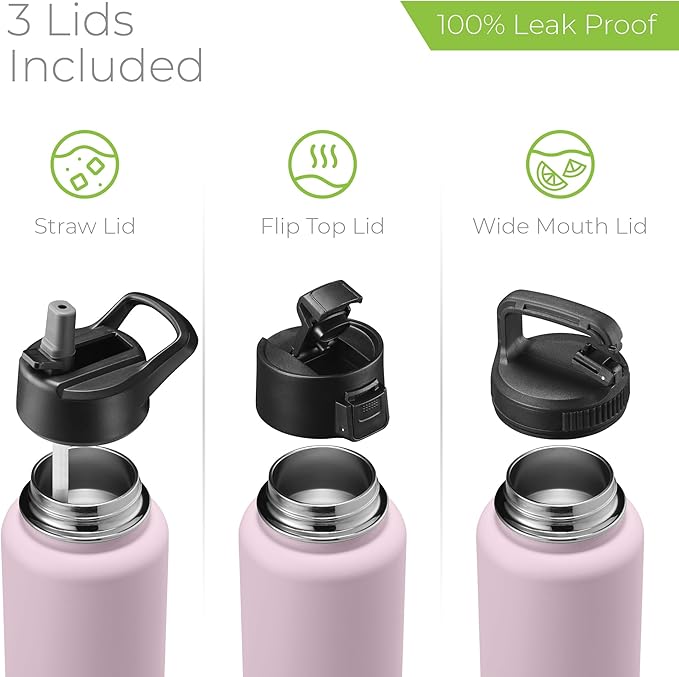 SipX™ Triple-Insulated Stainless Steel Water Bottle 40oz. With 3 Lids, BPA-Free Reusable Insulated Water Bottle Keeps Cold 24 Hours, Metal Water Bottle Made Of Sustainable Material For Hiking & Biking