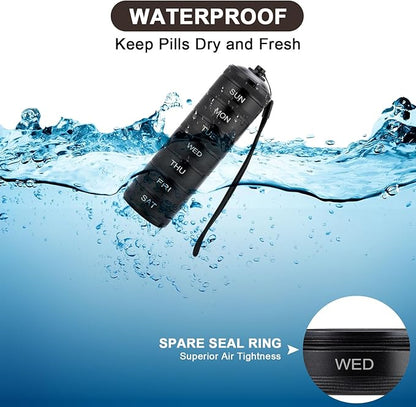 Pill Organizer Weekly Metal Travel Pill Box Waterproof - 7 Day Large Aluminum Alloy Pill Container, Portable Daily Pill Case for Vitamin, Medicine, Supplement, Fish Oil