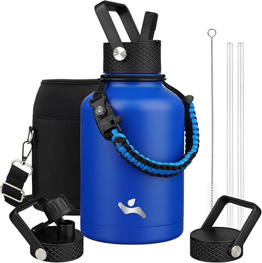 Insulated Water Bottle with Straw,50 oz 3 Lids Water Jug with Carrying Bag,Paracord Handle,Double Wall Vacuum Stainless Steel Metal Flask,Blue