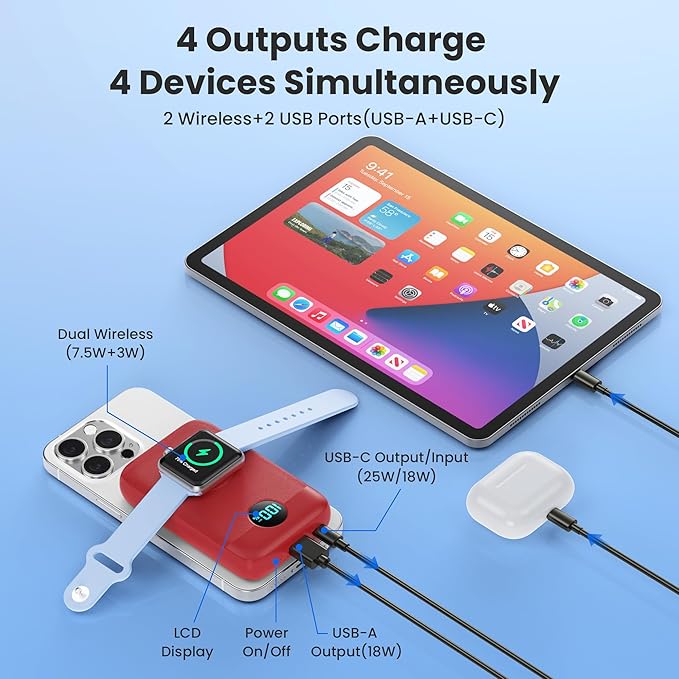 Magnetic Portable Charger for iPhone,10800mAh 4-in-1 Power Bank with iWatch Charger,25W PD Fast Charging Battery Pack for Magsafe,iPhone 17/16/15/14/13/12 Series,Apple Watch,Travel Essential,Red