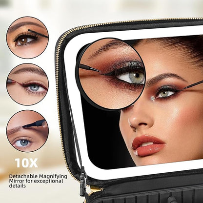 Travel Makeup Bag with Mirror of LED Lighted, Makeup Train Case with Adjustable Dividers, Makeup Case with Mirror and Detachable 10x Magnifying Mirror