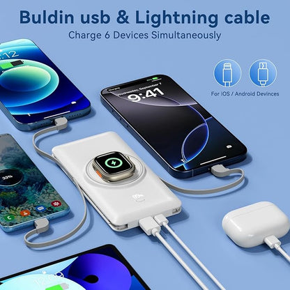 Magnetic 10000mAh Portable Charger for iWatch & iPhone, 22.5W USB C Fast Charging Wireless Power Bank Built-in Cables and Wall Plug, External Travel Battery Pack Compatible with iOS Android Devices