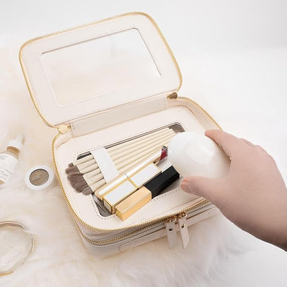 Aveniee Clear Makeup Bags, Double Layer Cosmetic Case with Separate Brush Compartment, Large Toiletry Organizer for Women, Travel Accessories Holder(2 Layers Large, White)