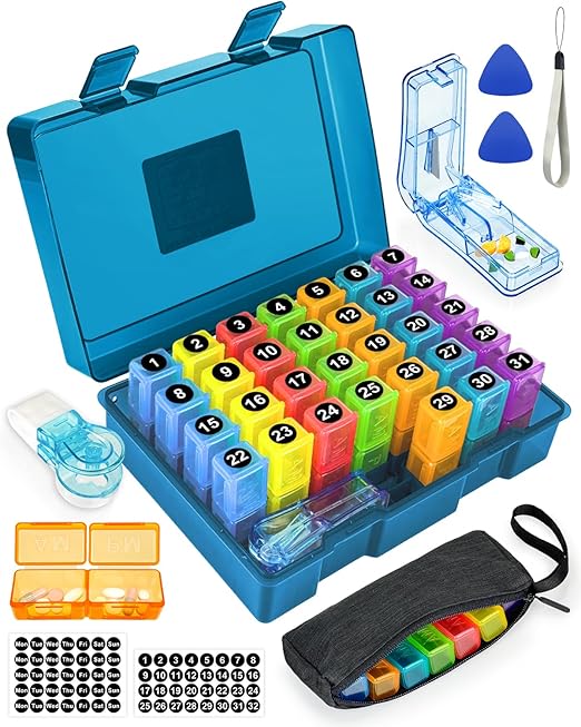 Monthly Pill Organizer 2 Times a Day, FRIWOLE Medicine Box with Portable Weekly Pill Bag, Keychain Pill Case, Pill Cutter and 2 Sticker(Blue, 2 Times a Day)