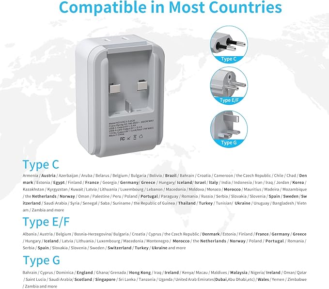 European Travel Plug Adapter Kit, VINTAR International Plug Adapter with 3 USB Ports (2 USB C,3.4A) 2 American Outlets, Type C,G,E/F Detachable Attachments, Adapter for US to UK Europe France Italy