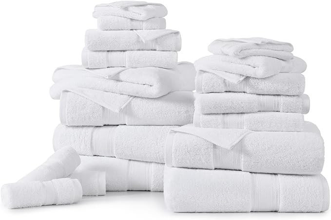 LANE LINEN Towel Set of 18 – Premium 100% Cotton, Zero Twist, 6 Large Bath Towel, 6 Hand Towels & 6 Wash Cloths, Quick Dry & Long-Lasting, Perfect for Family Bathrooms, Easy Care – White Towels