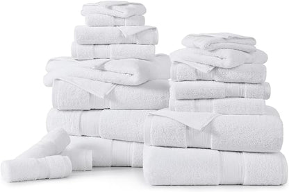LANE LINEN Towel Set of 18 – Premium 100% Cotton, Zero Twist, 6 Large Bath Towel, 6 Hand Towels & 6 Wash Cloths, Quick Dry & Long-Lasting, Perfect for Family Bathrooms, Easy Care – White Towels