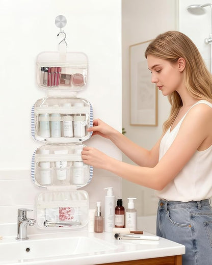 Narwey Striped Hanging Toiletry Bag for Women Travel Makeup Bag Organizer Toiletries Bag for Travel Size Essentials Accessories Cosmetics (Greyish Blue Stripe (Medium))