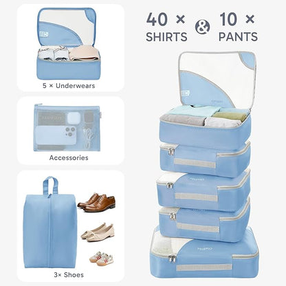 ALL INCLUDED 10 Set Durable Packing Cubes for Suitcases,OlarHike Essentials for Travel,UPGRADED Anti-Tear Stitching, NEW Improved Luggage Packing Organizers for Travel Accessories, Light Blue