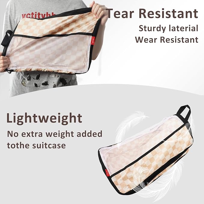 U+U 6 Set Compression Packing Cubes - Ultralight Travel Organizers with Laundry Bag, Space-Saving Suitcase Organizer for Travel, Business Trip and Family Vacation (Khaki Checkered)