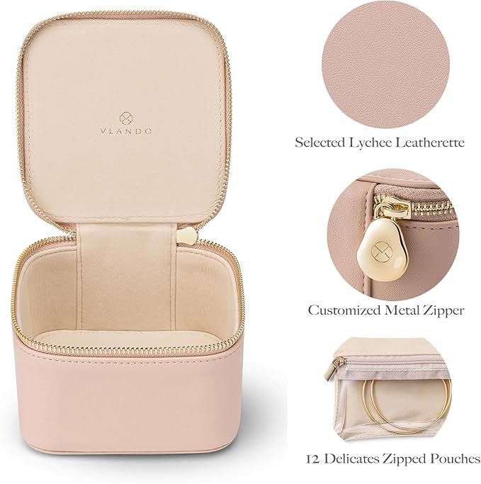 Vlando Travel Jewelry Box Organizer - 6 Small Velvet Zipped Pouches Pockets for Jewelries Necklaces Rings Earrings Sorting Storage, Khaki