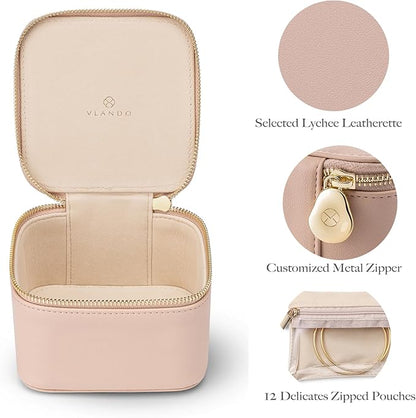 Vlando Travel Jewelry Box Organizer - 6 Small Velvet Zipped Pouches Pockets for Jewelries Necklaces Rings Earrings Sorting Storage, Khaki